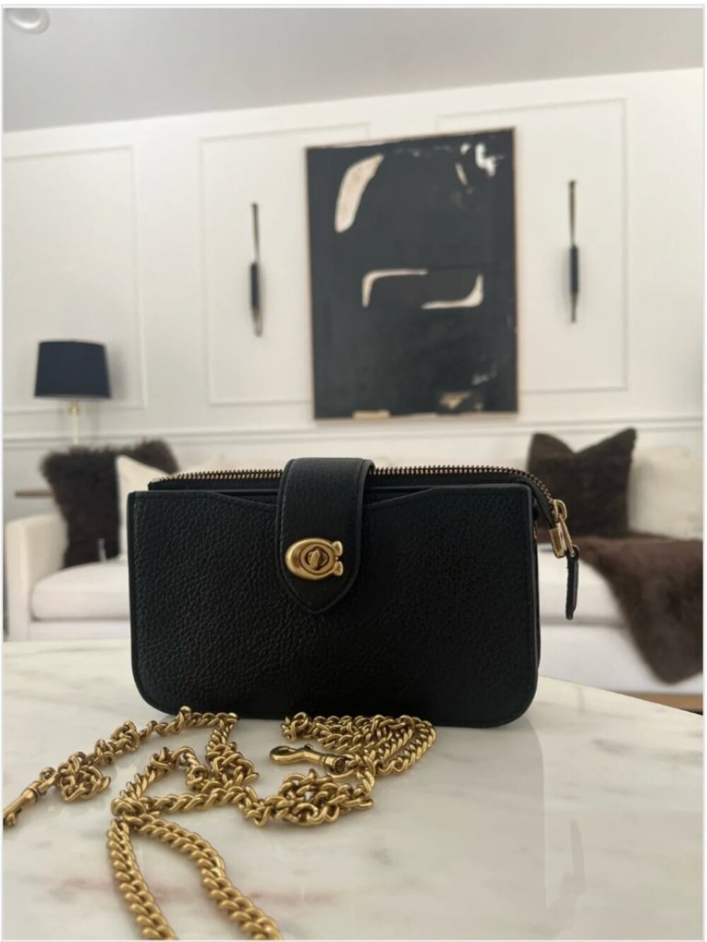 Coach Black Pebbled Leather Chain Crossbody Wallet